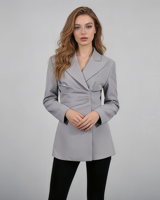 Gray Asymmetric Ruched Blazer with Lapel Collar