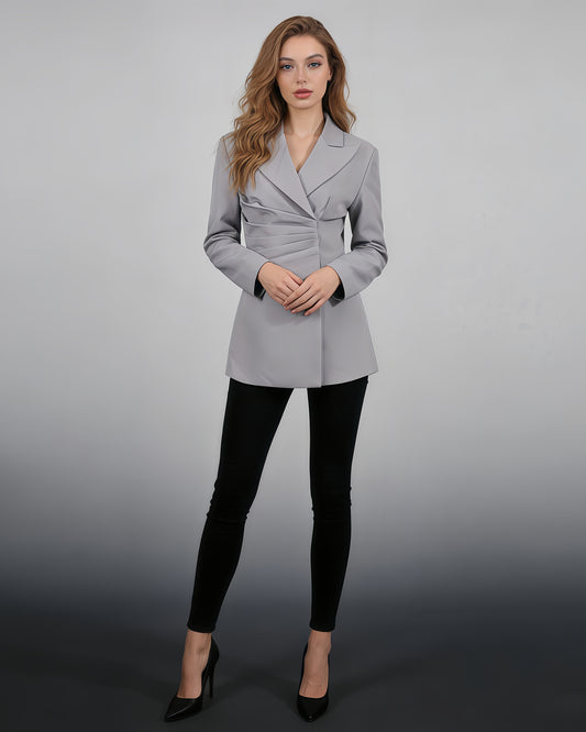 Gray Asymmetric Ruched Blazer with Lapel Collar