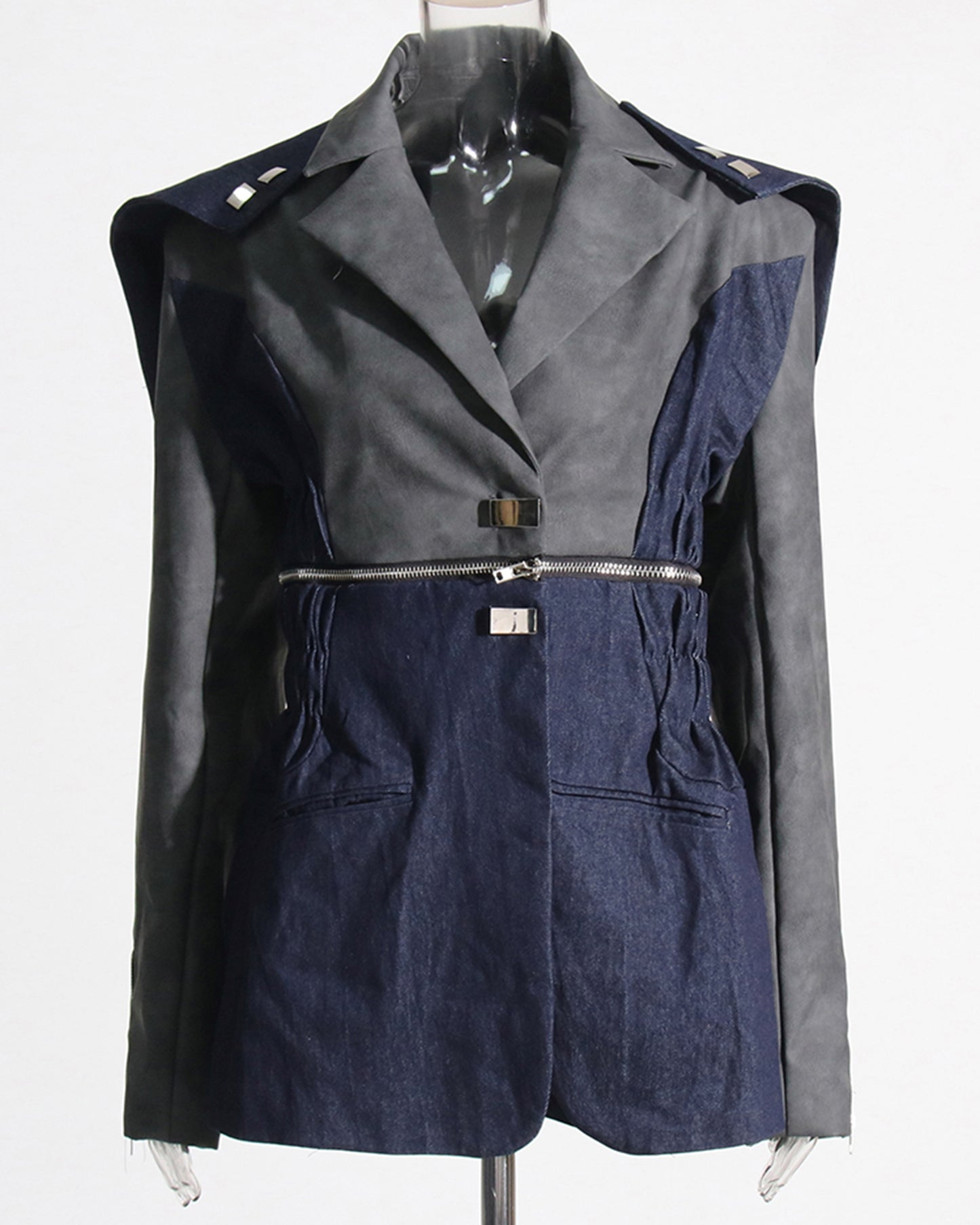 Gray & Denim Patchwork Blazer with Zip Waist