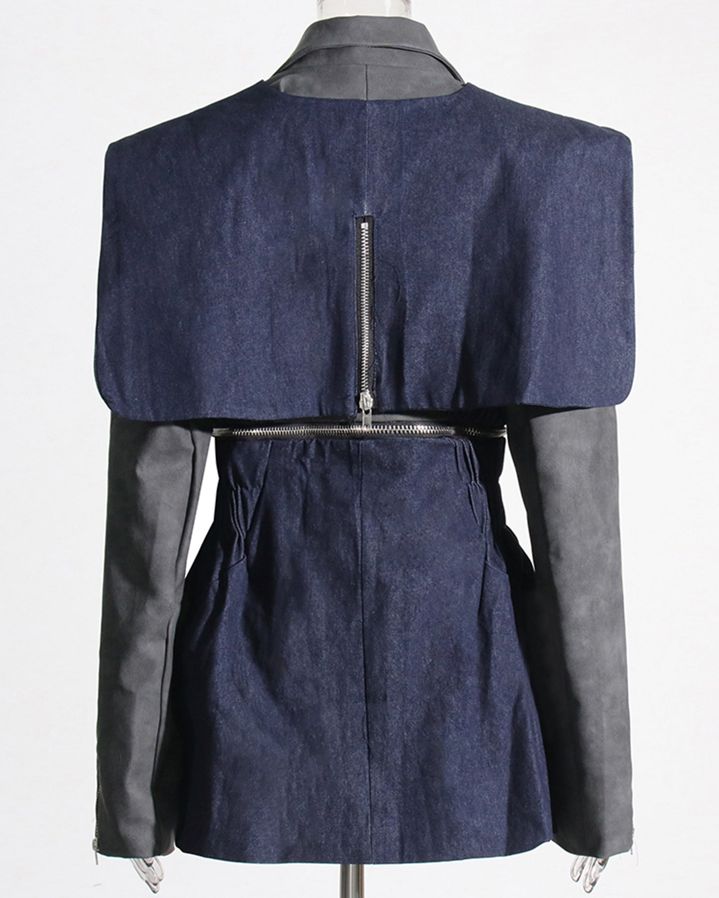 Gray & Denim Patchwork Blazer with Zip Waist