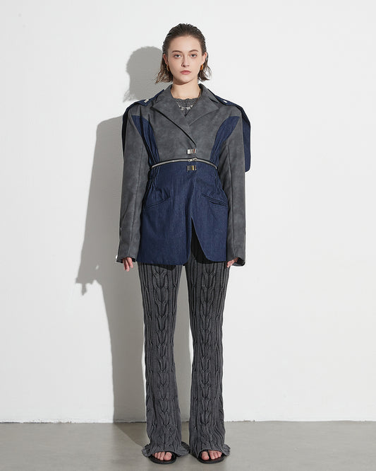 Gray & Denim Patchwork Blazer with Zip Waist