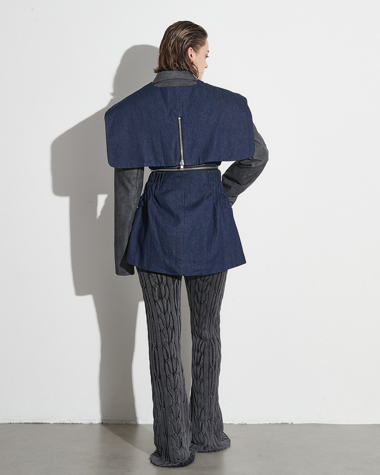 Gray & Denim Patchwork Blazer with Zip Waist