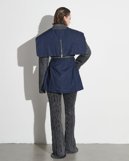 Gray & Denim Patchwork Blazer with Zip Waist