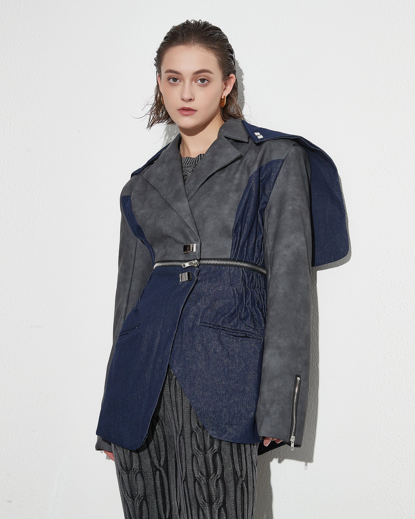 Gray & Denim Patchwork Blazer with Zip Waist