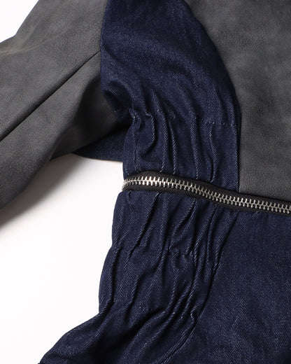 Gray & Denim Patchwork Blazer with Zip Waist