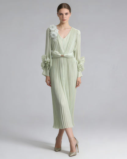 Green 3D Floral Ruched Waist Maxi Dress