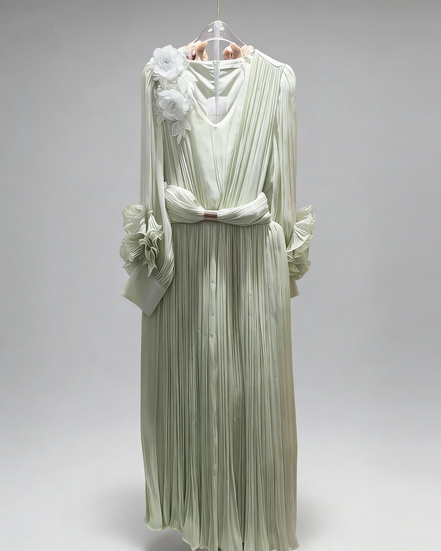 Green 3D Floral Ruched Waist Maxi Dress