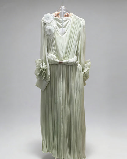 Green 3D Floral Ruched Waist Maxi Dress