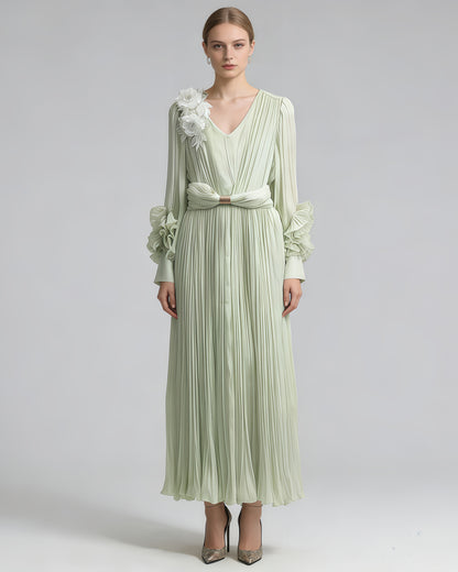 Green 3D Floral Ruched Waist Maxi Dress