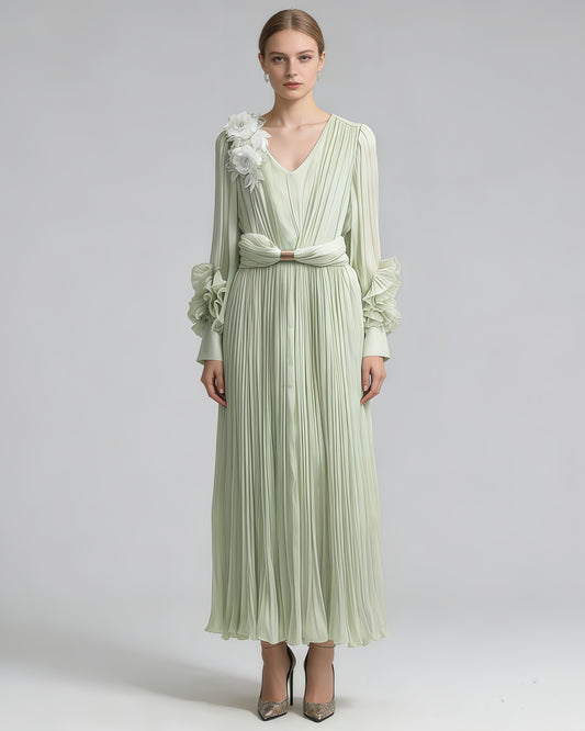 Green 3D Floral Ruched Waist Maxi Dress