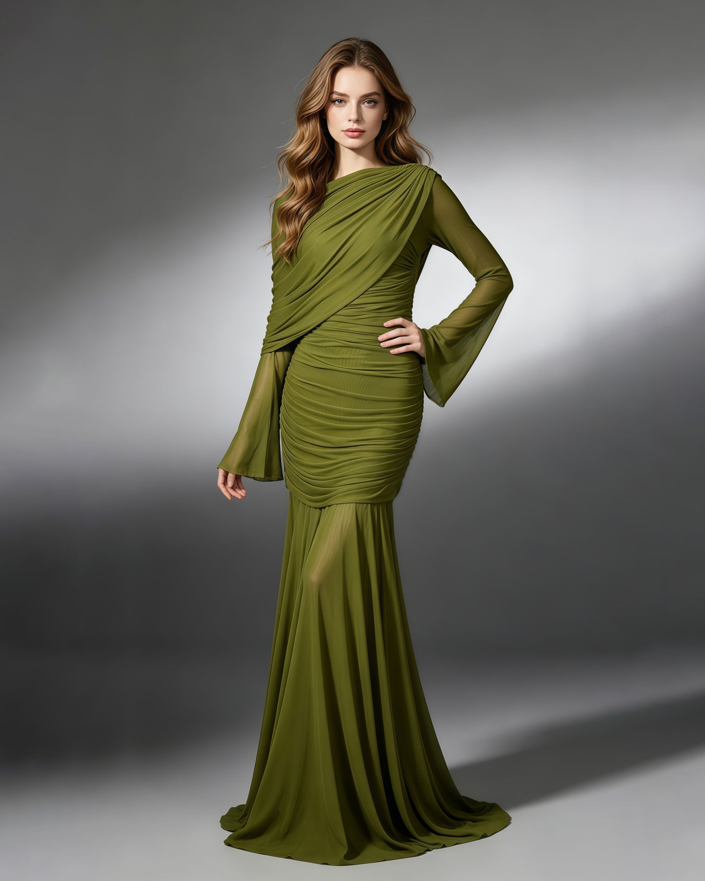 Green Asymmetric Draped Ruched Long Sleeve Dress