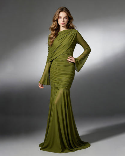 Green Asymmetric Draped Ruched Long Sleeve Dress