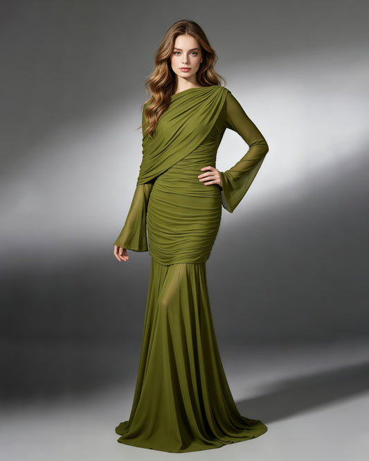 Green Asymmetric Draped Ruched Long Sleeve Dress