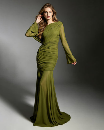 Green Asymmetric Draped Ruched Long Sleeve Dress