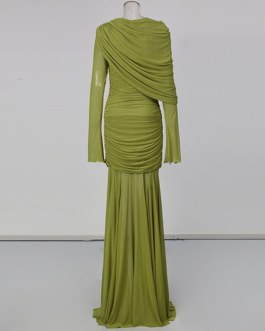 Green Asymmetric Draped Ruched Long Sleeve Dress
