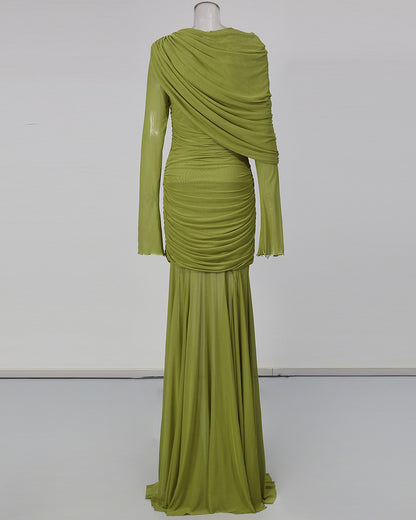 Green Asymmetric Draped Ruched Long Sleeve Dress
