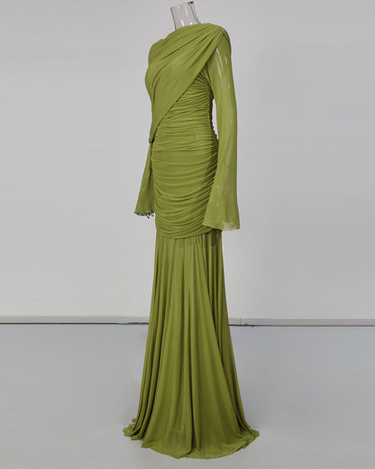 Green Asymmetric Draped Ruched Long Sleeve Dress