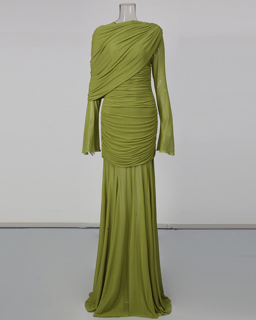 Green Asymmetric Draped Ruched Long Sleeve Dress