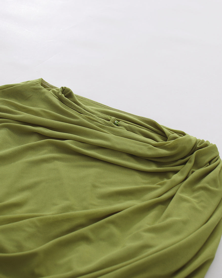Green Asymmetric Draped Ruched Long Sleeve Dress