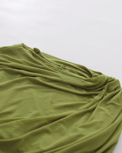 Green Asymmetric Draped Ruched Long Sleeve Dress