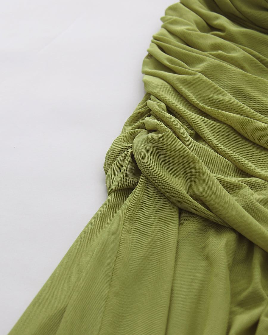 Green Asymmetric Draped Ruched Long Sleeve Dress