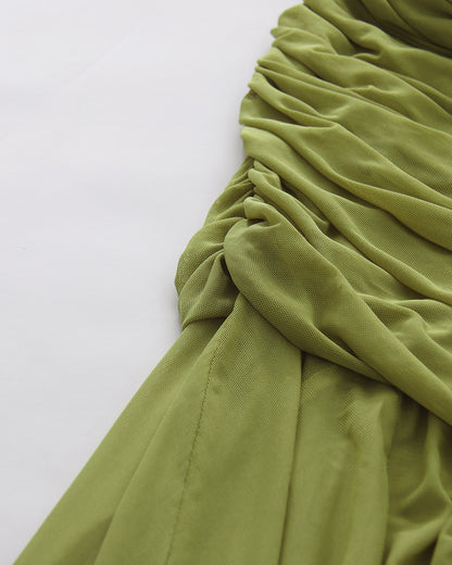 Green Asymmetric Draped Ruched Long Sleeve Dress
