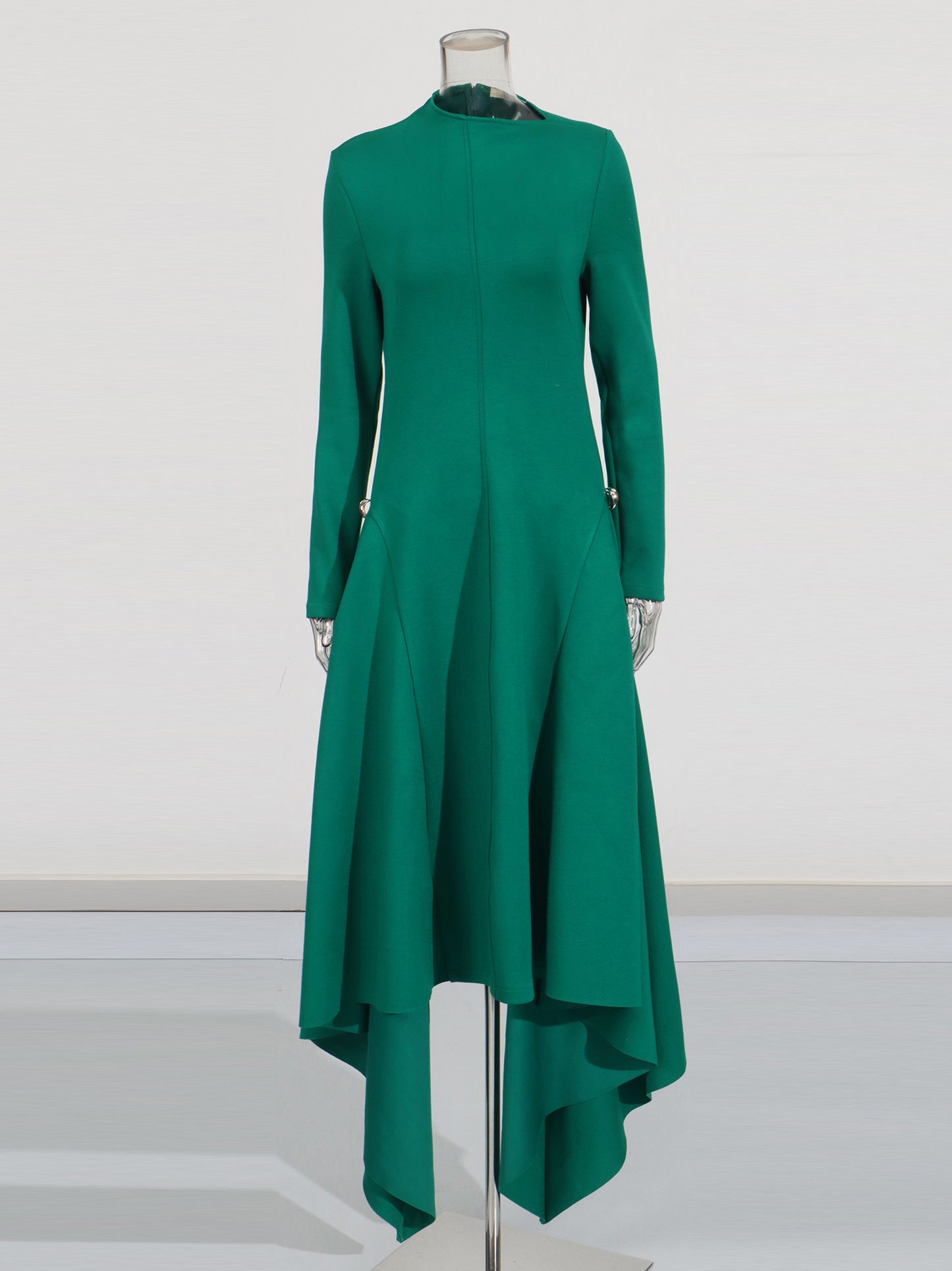 Green Asymmetric Hem Dress with Side Ring Details