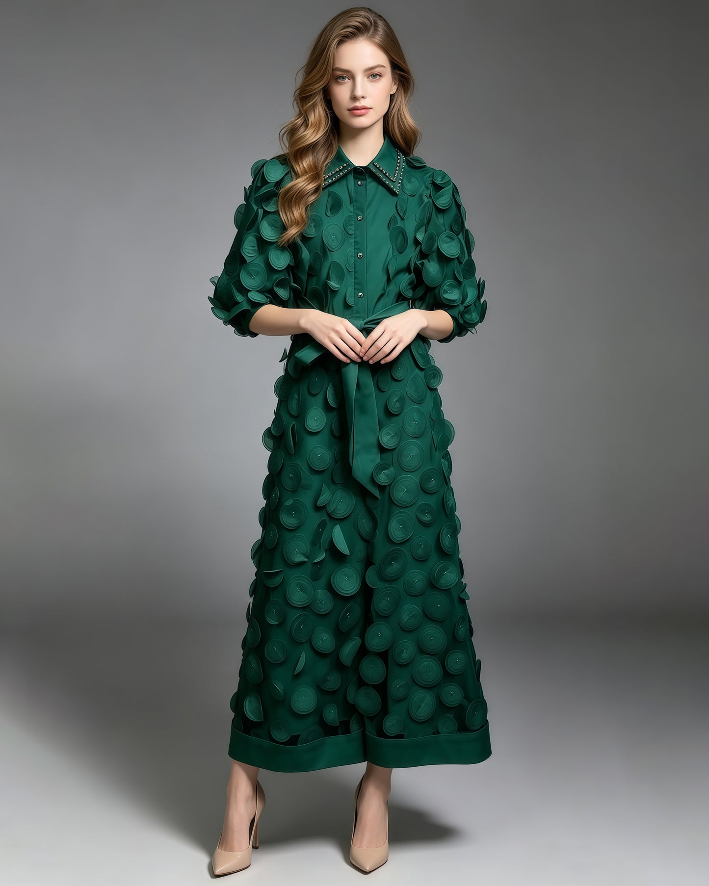 Green Beaded Lapel Tunic Belted Maxi Shirt Dress