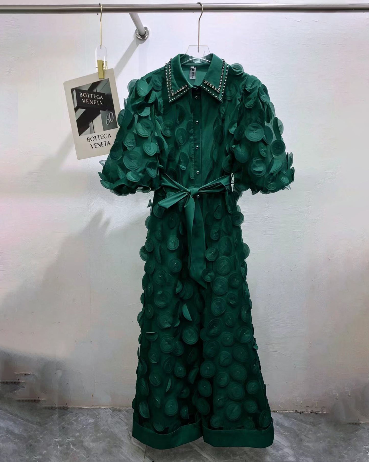 Green Beaded Lapel Tunic Belted Maxi Shirt Dress