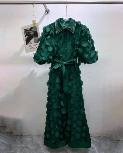 Green Beaded Lapel Tunic Belted Maxi Shirt Dress