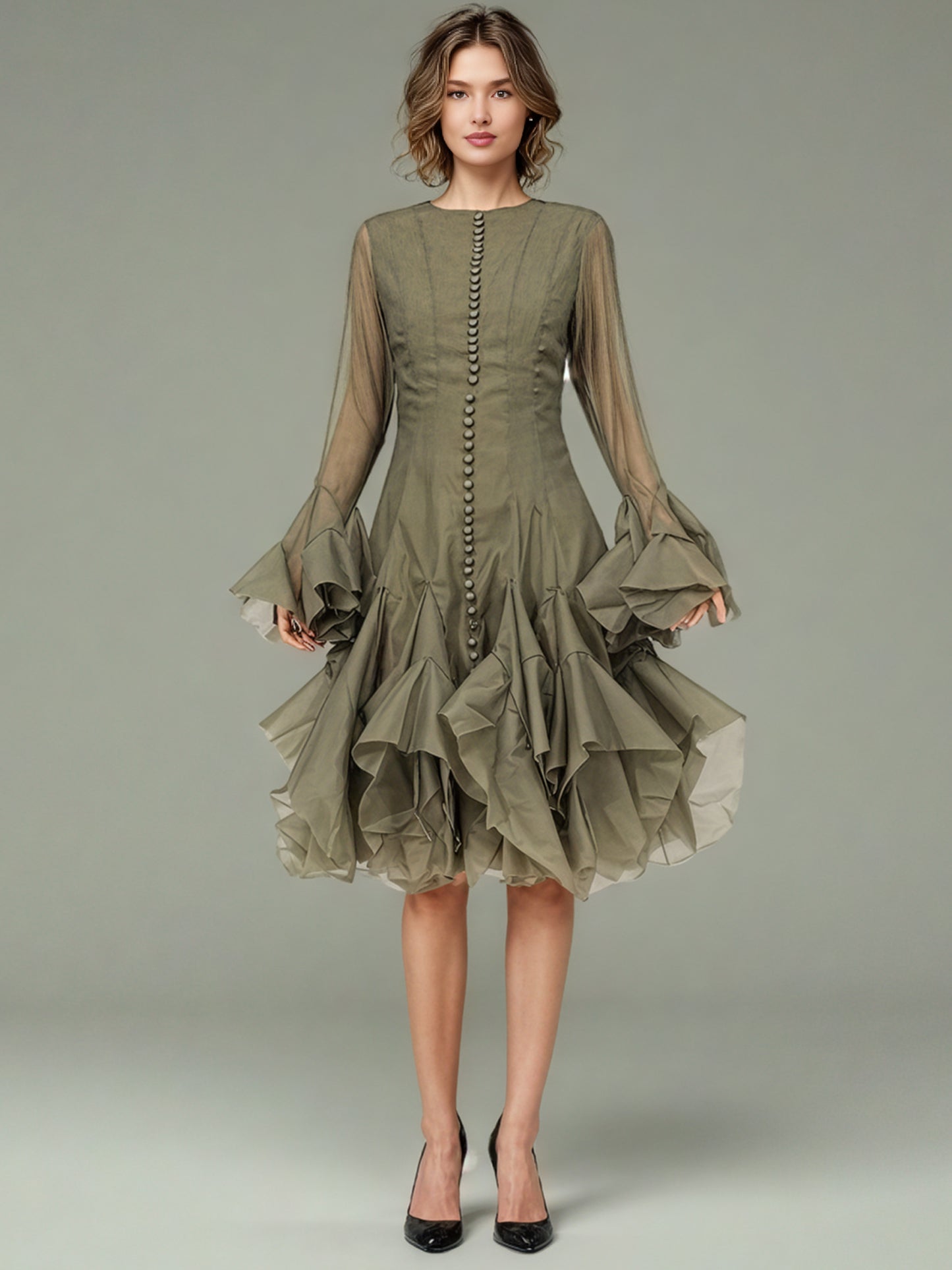 Green Bell Sleeve Ruffled Long Dress with Button Front