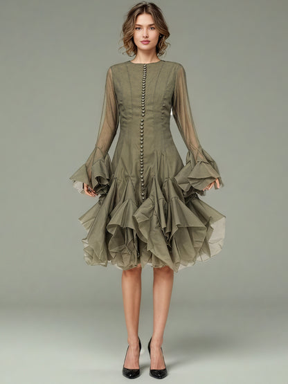 Green Bell Sleeve Ruffled Long Dress with Button Front