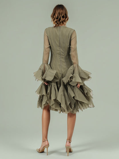 Green Bell Sleeve Ruffled Long Dress with Button Front