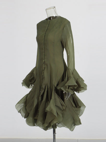 Green Bell Sleeve Ruffled Long Dress with Button Front