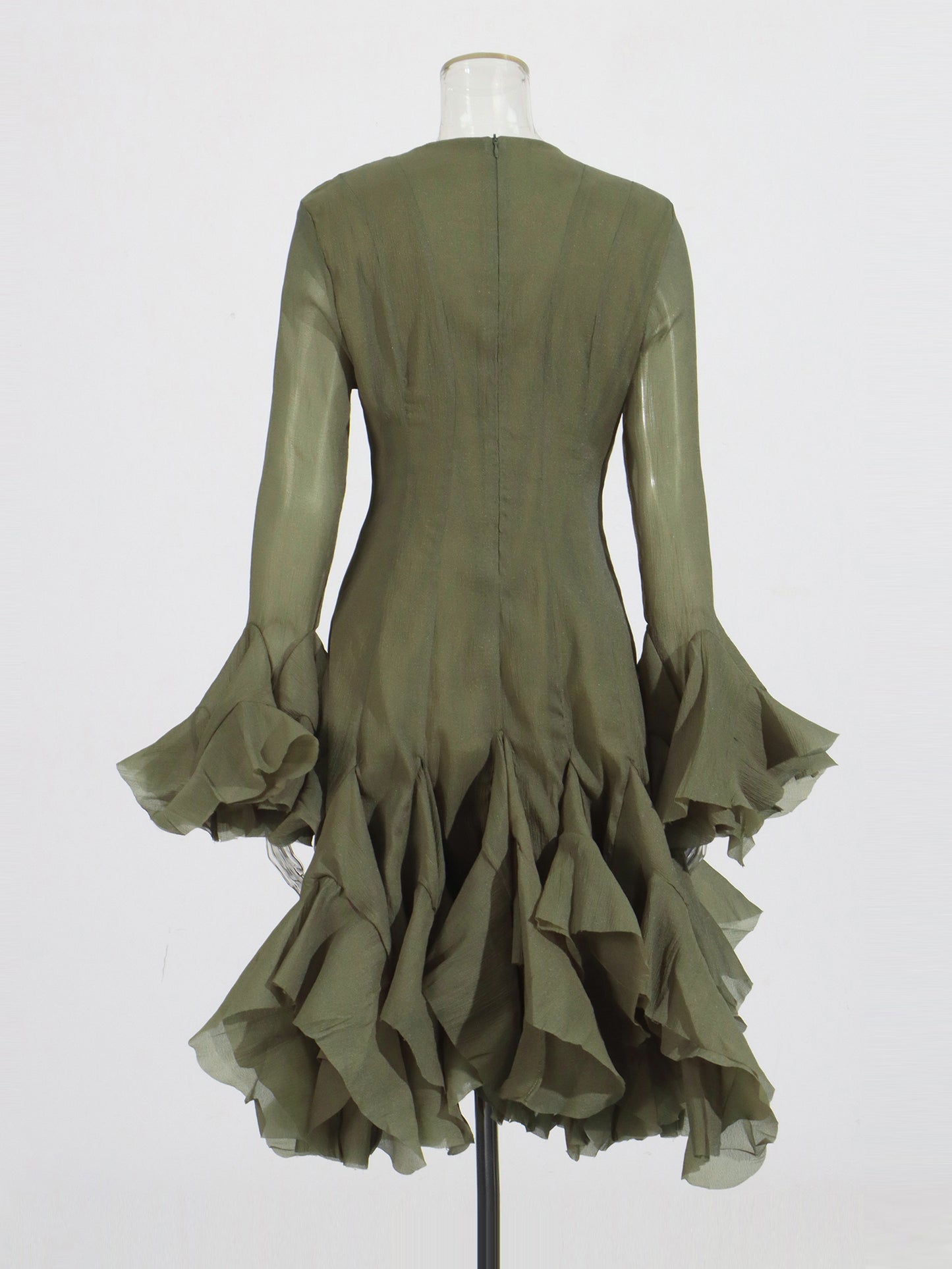 Green Bell Sleeve Ruffled Long Dress with Button Front