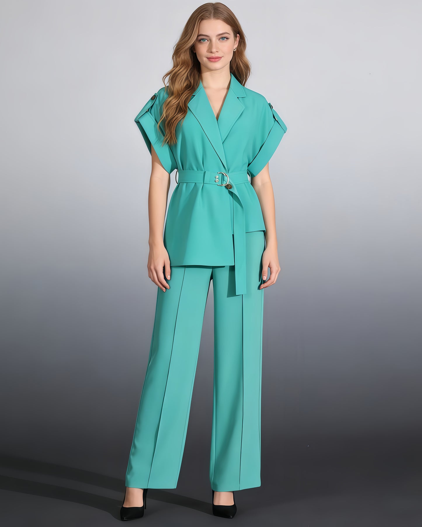 Green Belted Blazer & Trousers Set