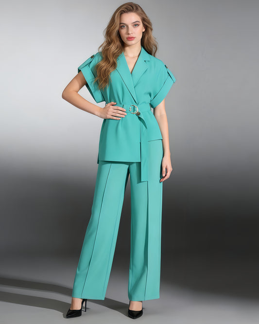 Green Belted Blazer & Trousers Set