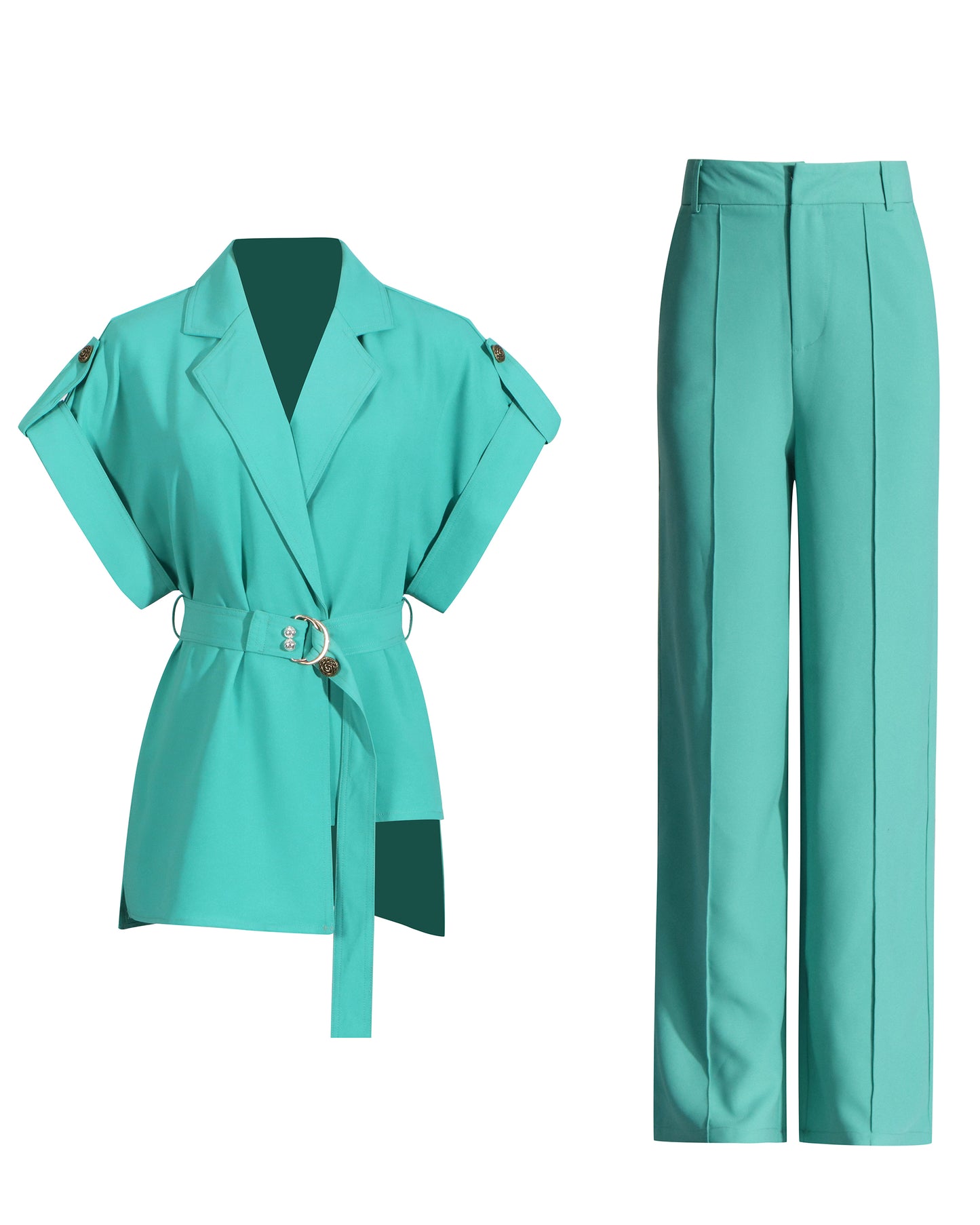 Green Belted Blazer & Trousers Set