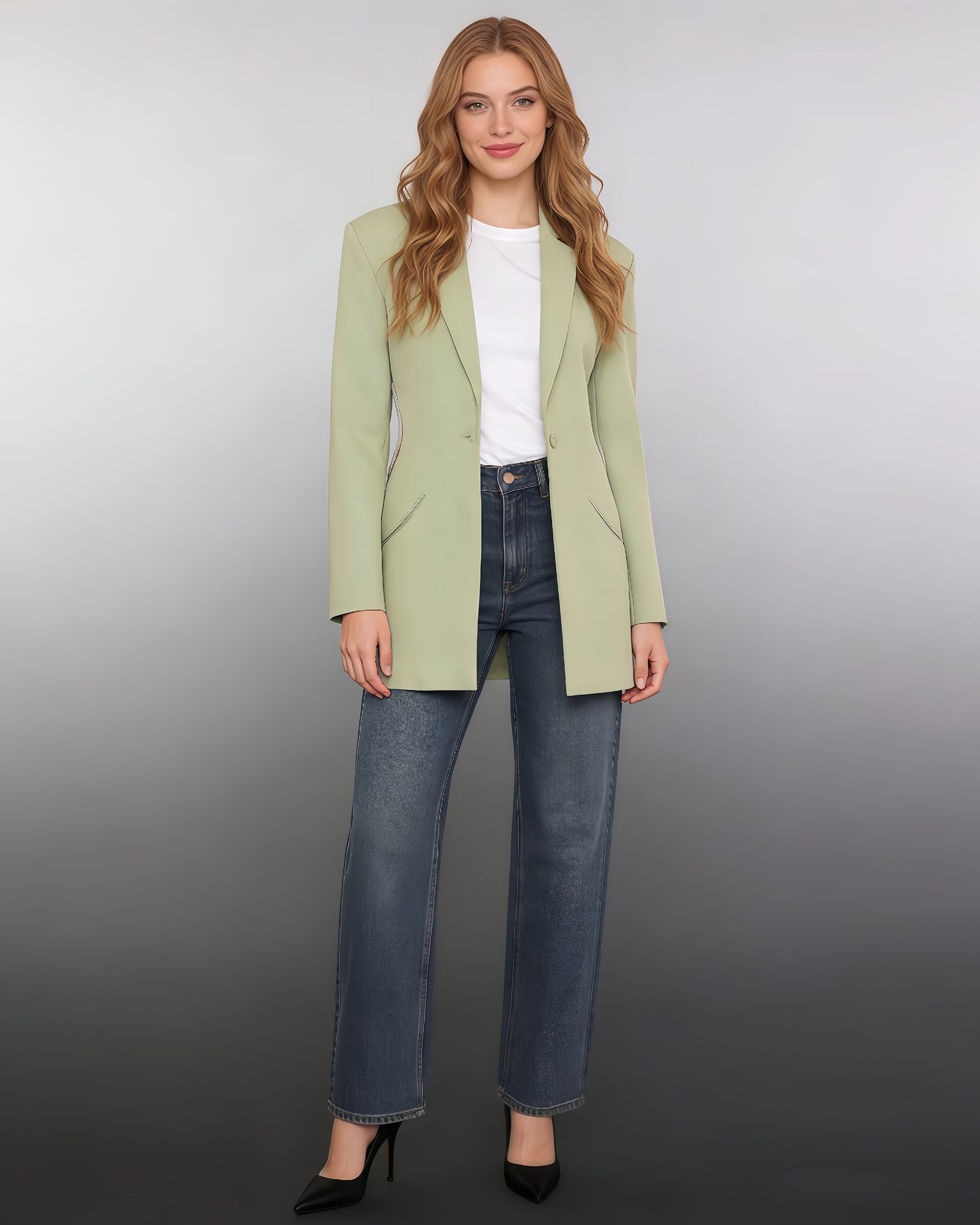 Green Blazer with Crystal-Trimmed Cutout Back