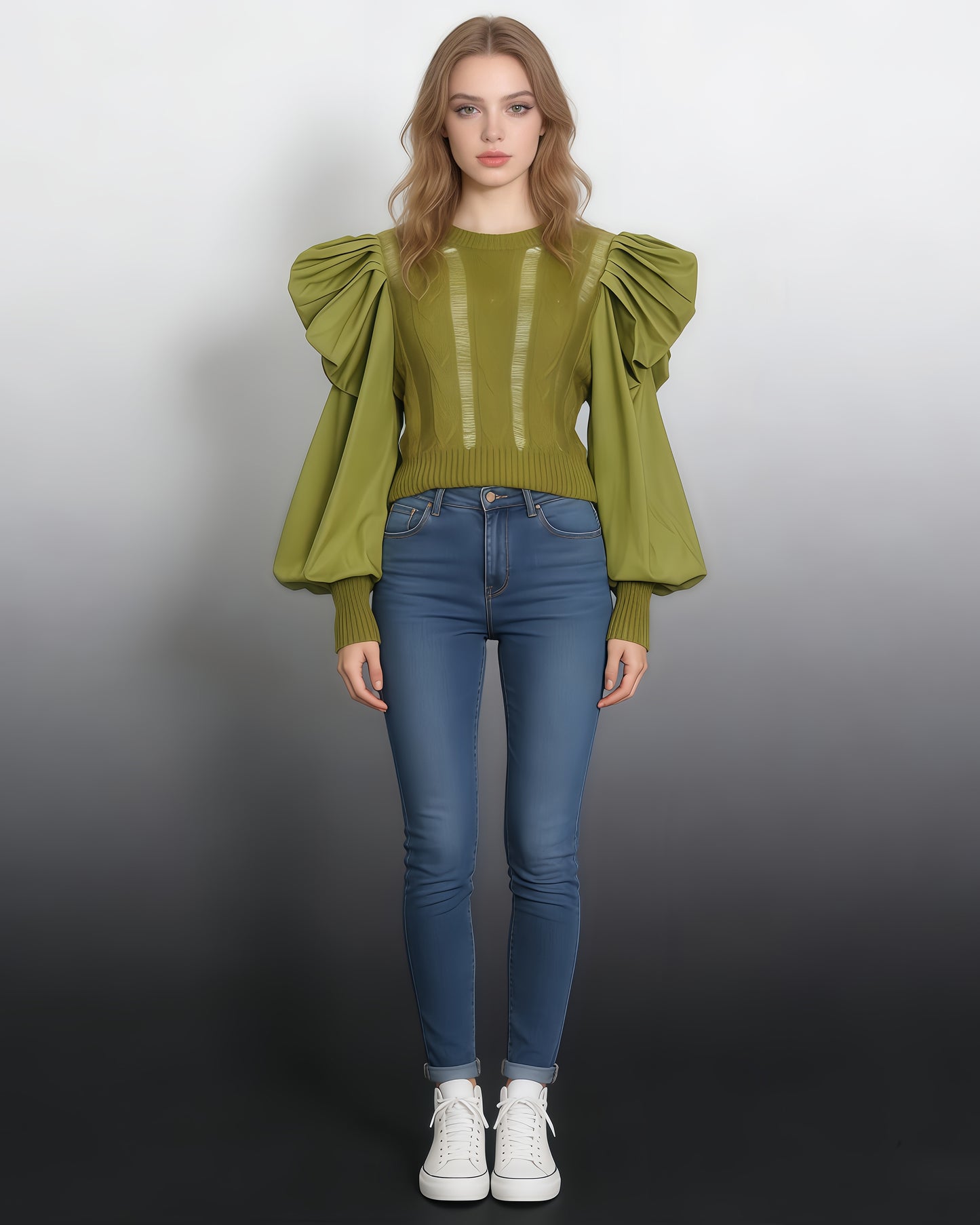 Green Cable-Knit Sweater with Voluminous Puff Sleeves