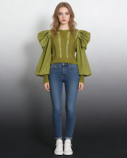 Green Cable-Knit Sweater with Voluminous Puff Sleeves
