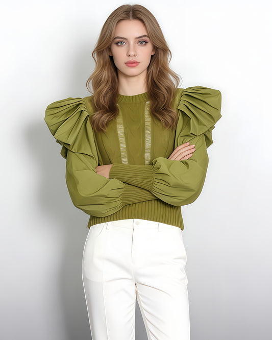 Green Cable-Knit Sweater with Voluminous Puff Sleeves