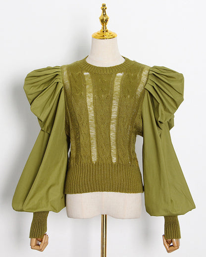 Green Cable-Knit Sweater with Voluminous Puff Sleeves