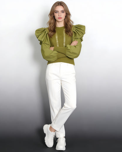 Green Cable-Knit Sweater with Voluminous Puff Sleeves