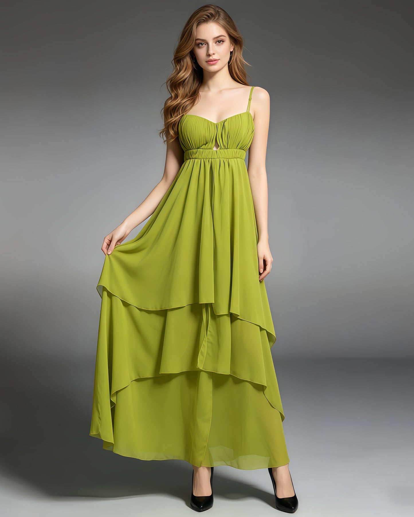 Green Chiffon Tiered Maxi Dress