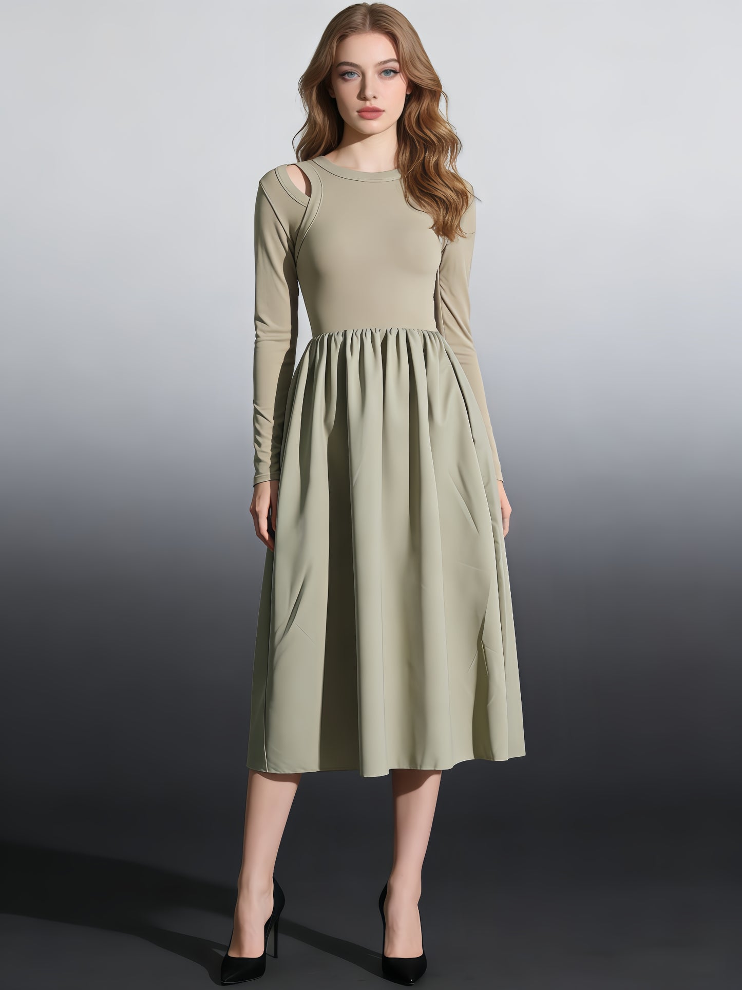 Green Cutout Long-Sleeve Midi Dress