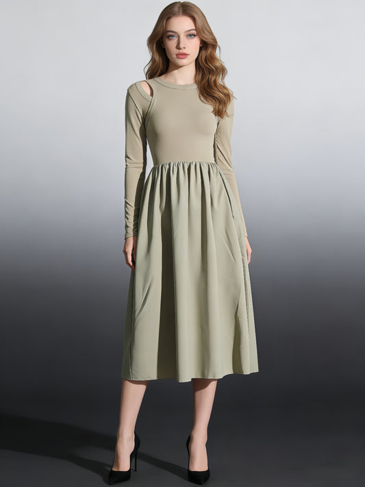 Green Cutout Long-Sleeve Midi Dress