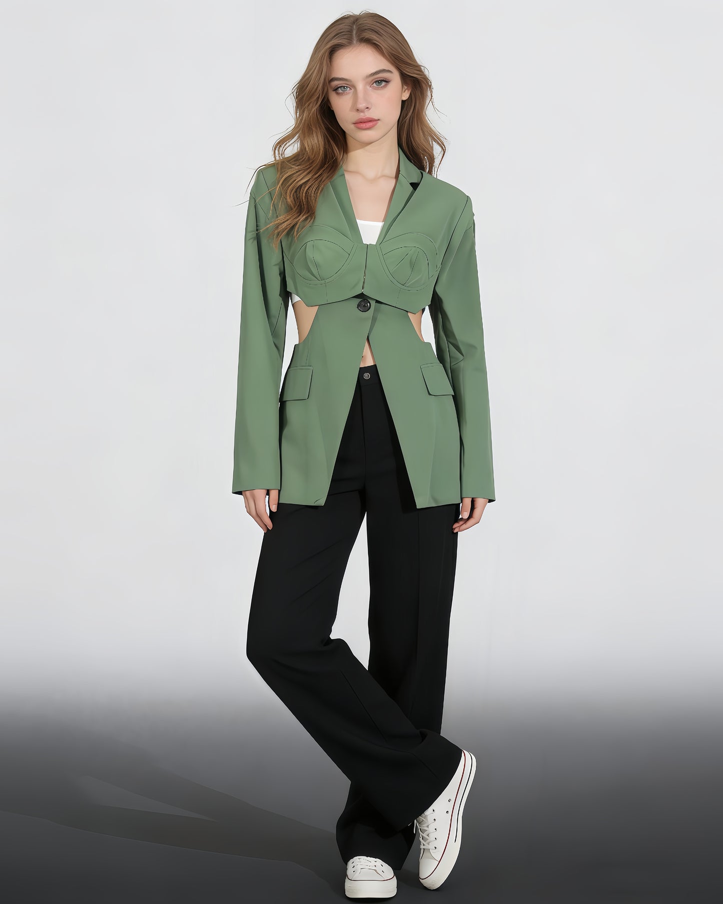 Green Cutout Solid Casual Bustier Blazer