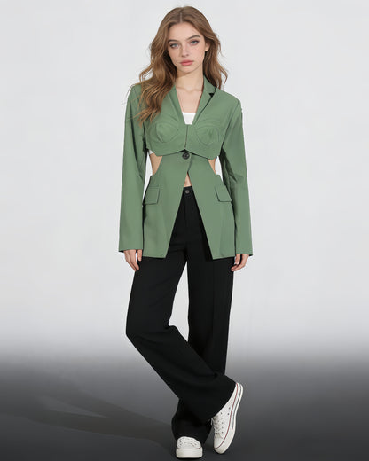 Green Cutout Solid Casual Bustier Blazer