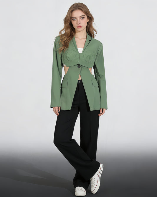 Green Cutout Solid Casual Bustier Blazer